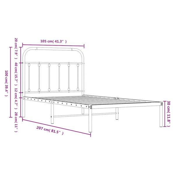 Метална рамка за легло с горна табла, черна, 100x200 см