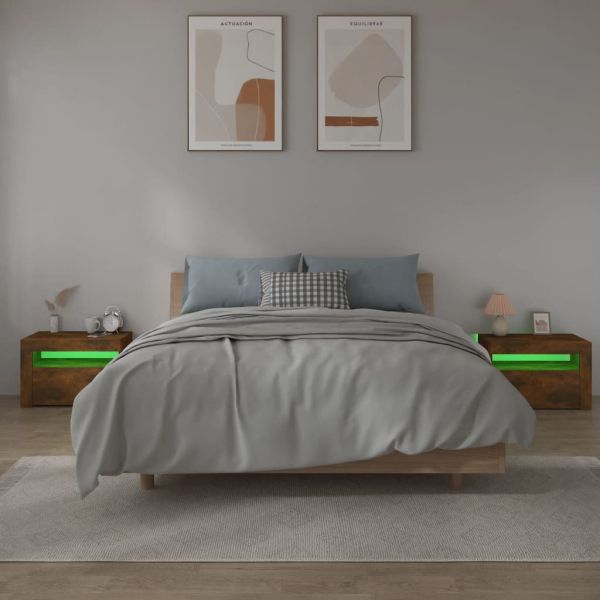 Нощни шкафчета, 2 бр, с LED, опушен дъб, 60x35x40 см