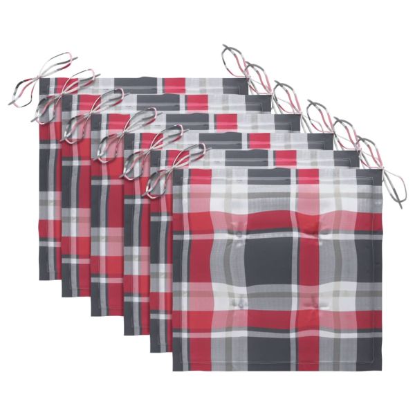 Градински столове, възглавници с червено каре, 6 бр, тик масив