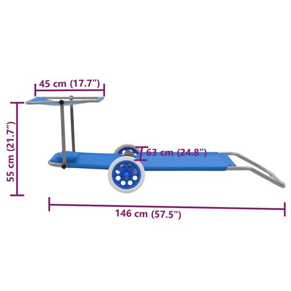 Сгъваем шезлонг с козирка и колелца, стомана, син