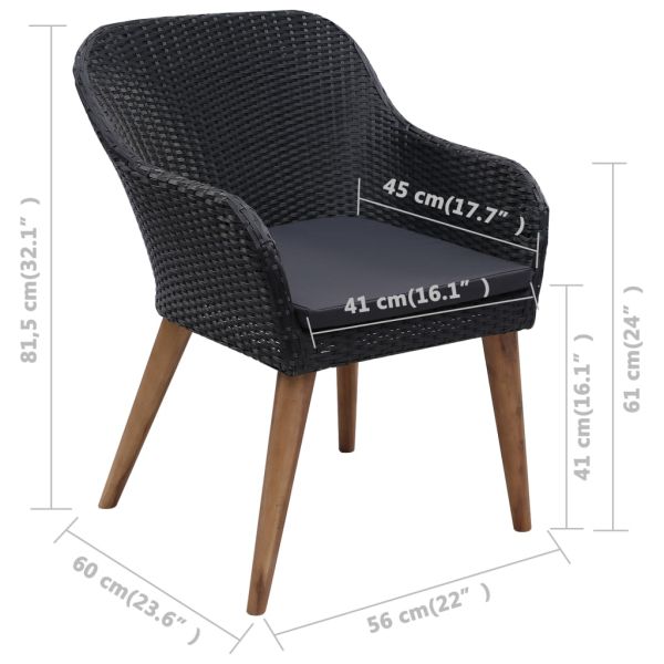 Градински комплект с възглавници, 7 части, черен полиратан