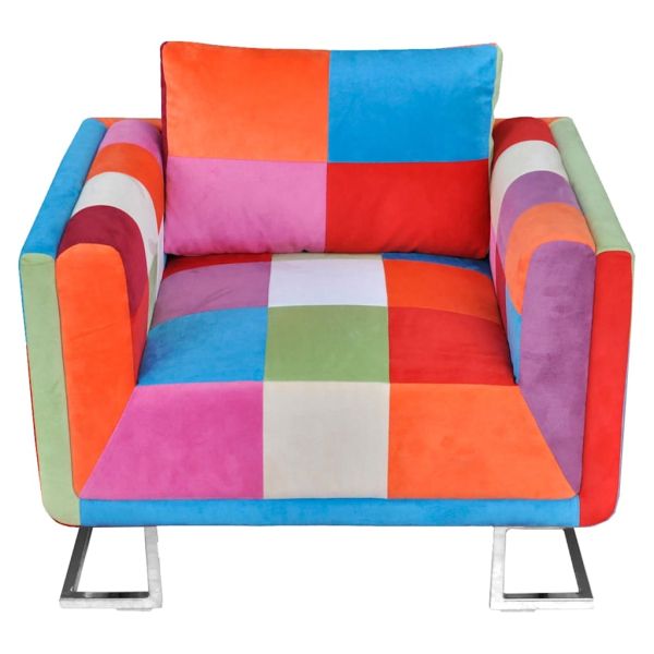 Фотьойл, кубична форма, хромирани крака, пачуърк дизайн текстил