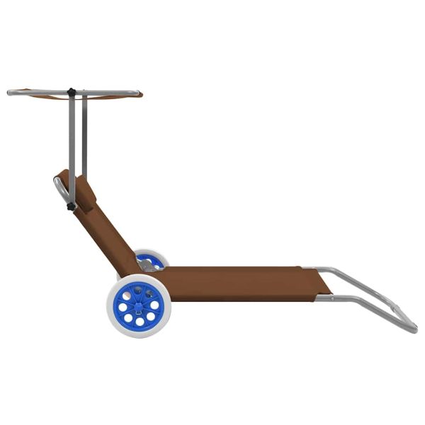 Сгъваем шезлонг с козирка и колелца, стомана, таупе