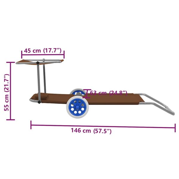 Сгъваем шезлонг с козирка и колелца, стомана, таупе