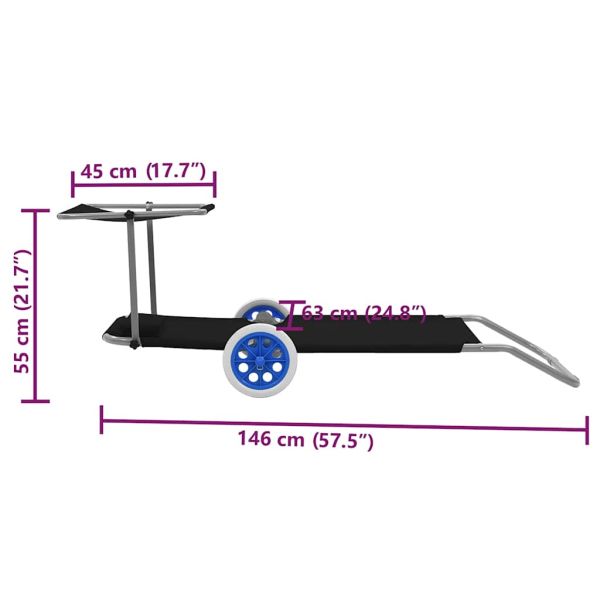 Сгъваем шезлонг с козирка и колелца, стомана, черен