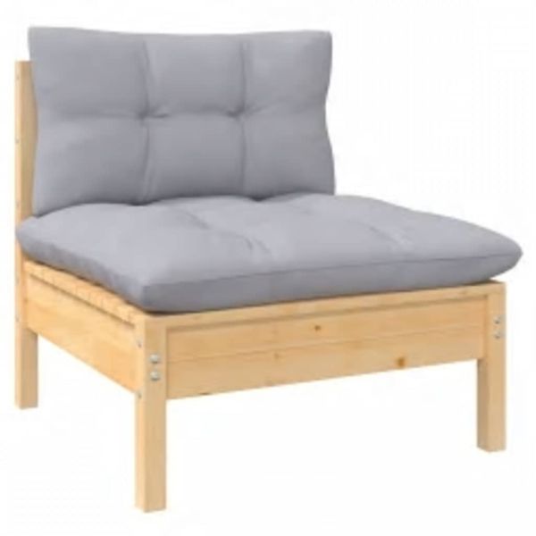 Градински лаундж комплект със сиви възглавници, 4 части, бор