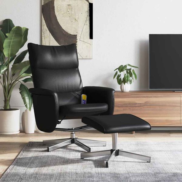 Масажен реклайнер стол с табуретка, черен, изкуствена кожа