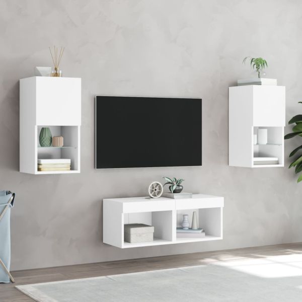 ТВ стенни шкафове, 4 части, с LED светлини, бели