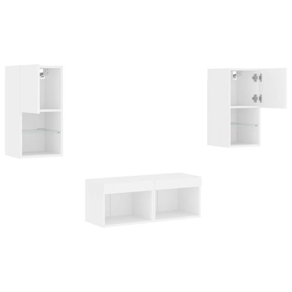 ТВ стенни шкафове, 4 части, с LED светлини, бели