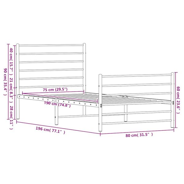 Метална рамка за легло с горна и долна табла, бяла, 75x190 см