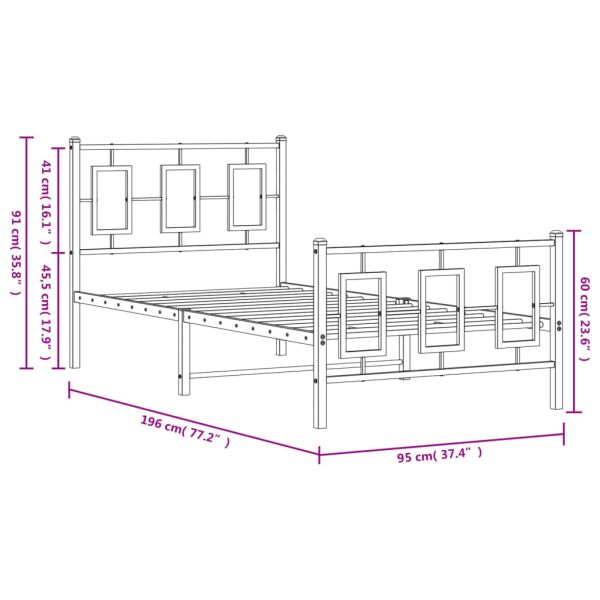 Метална рамка за легло с горна и долна табла, черна, 90x190 см