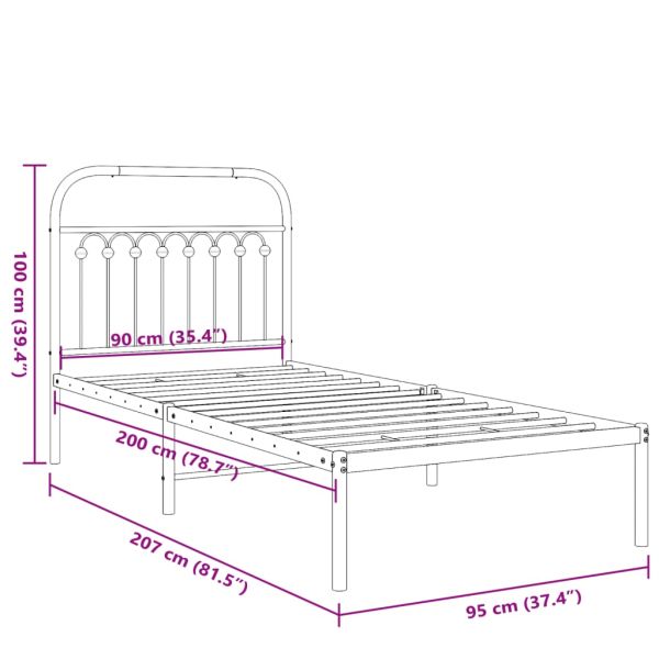 Метална рамка за легло с горна табла, бяла, 90x200 см
