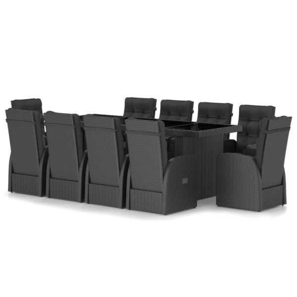 Градински комплект с възглавници, 11 части, полиратан, черен