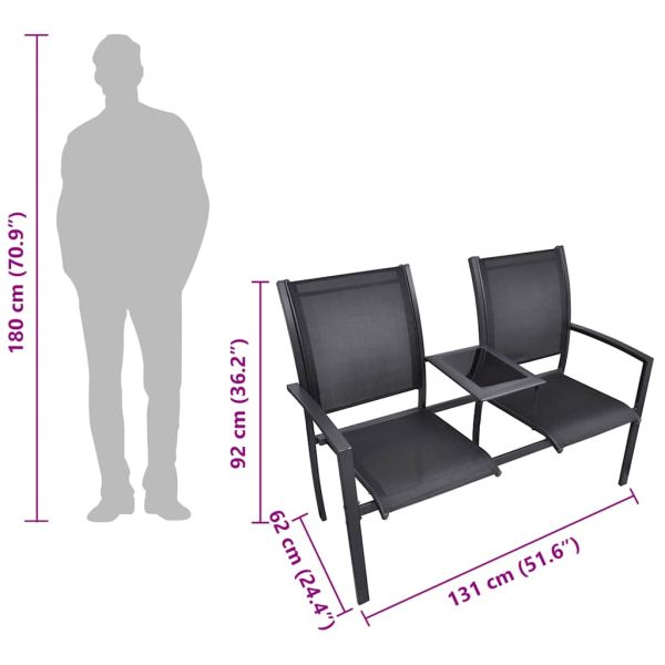 Двуместна градинска пейка, 131 см, стомана и textilene, черна