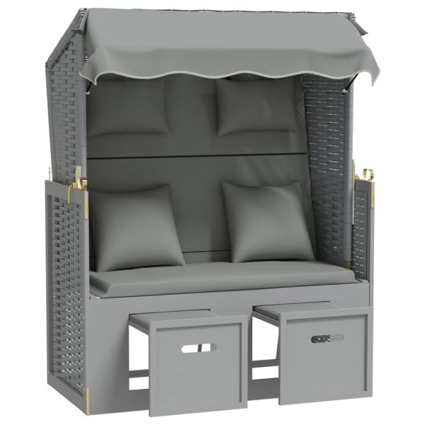 Strandkorb с възглавници, полиратан и масивно дърво, сиво