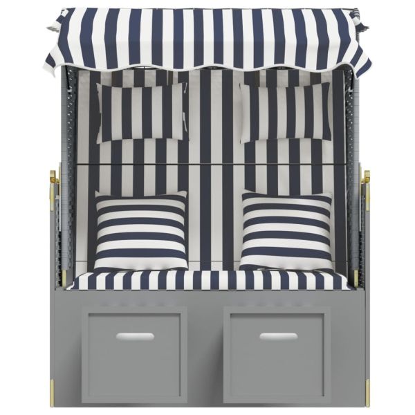 Strandkorb с възглавници, полиратан и масивно дърво, синьо/бяло