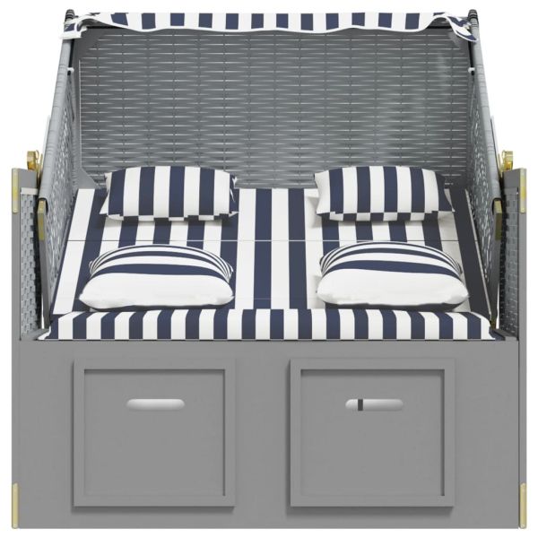 Strandkorb с възглавници, полиратан и масивно дърво, синьо/бяло