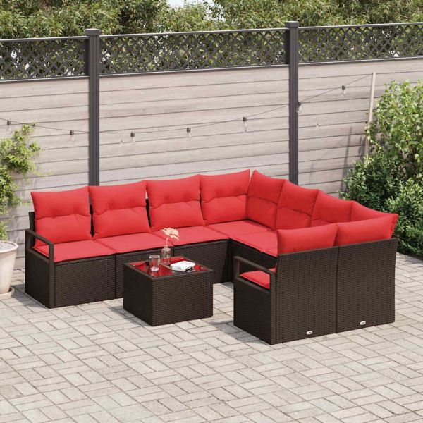 Комплект дивани с възглавница 9 pcs Кафяво и червено полиратан