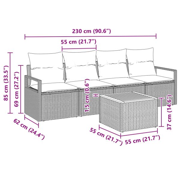 Градински Софа Комплект с възглавница 5 pcs Сив полиратан