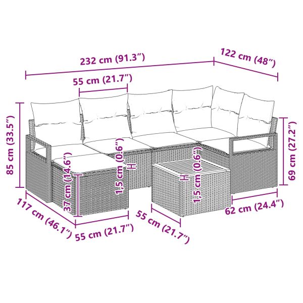 Градински Софа Комплект с възглавница 7 pcs Черно полиратан