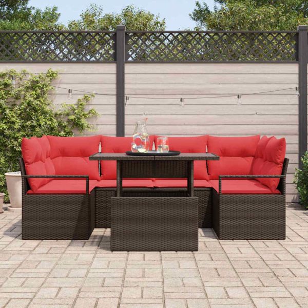 Градински Софа Комплект 7 pcs Кафяво и червено полиратан