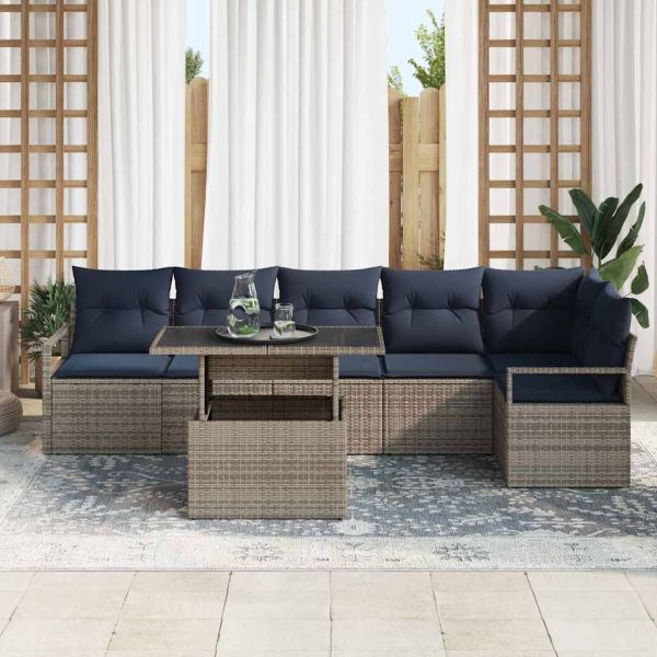 Градински Софа Комплект 7 pcs Сив и тъмен син полиратан