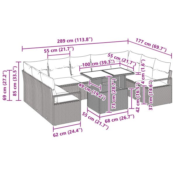 Градински Софа Комплект 10 pcs Кафяво и червено Полиратан