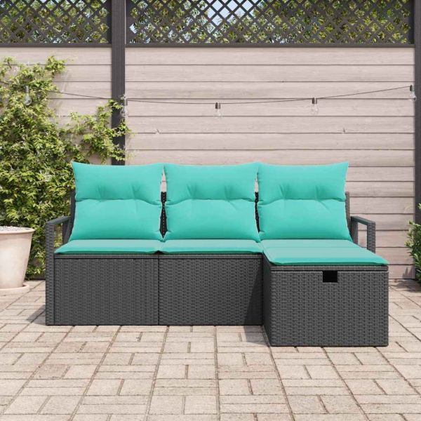 Комплект дивани с възглавница 4 pcs Черен и Туркоаз полиратан