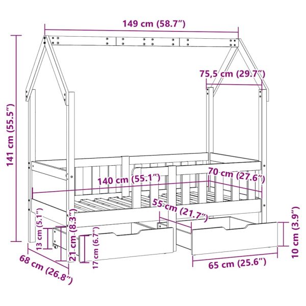 Детско легло рамка с чекмеджета без матрак 70x140 см бор масив