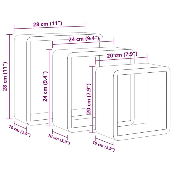 Стенни кубични рафтове, 3 бр, бели, МДФ