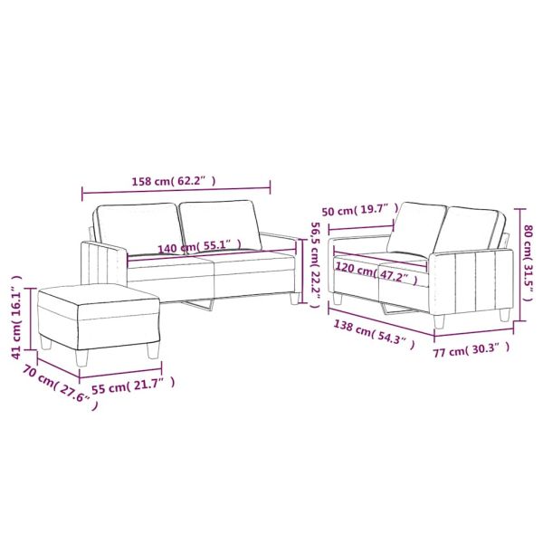 Комплект дивани от 3 части с възглавници, кремав, кадифе