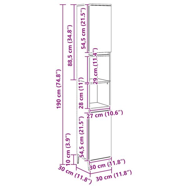 Шкаф за баня, дъб артизан, 30x30x190 см, инженерно дърво