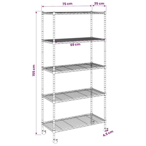 5-етажен стелаж за съхранение с колела 75x35x155 см хром 250 кг