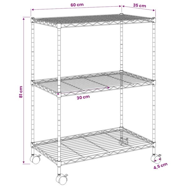 3-етажен стелаж за съхранение с колела 60x35x81 см хром 150 кг