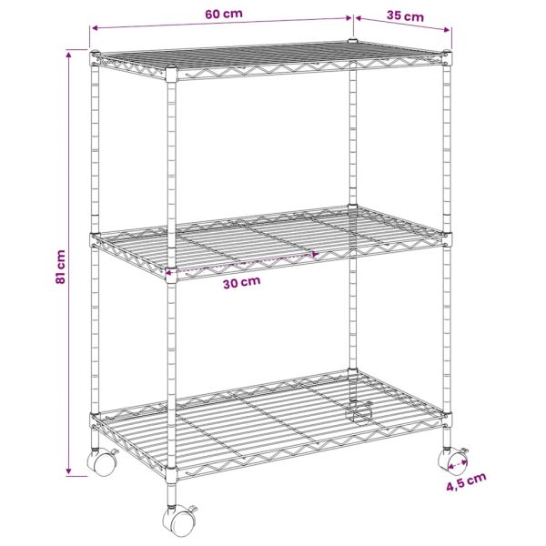 3-етажен стелаж за съхранение с колела 60x35x81 см черен 150 кг