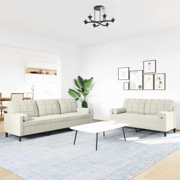 Мека мебел от 2 части с възглавници и болстери кремав кадифе