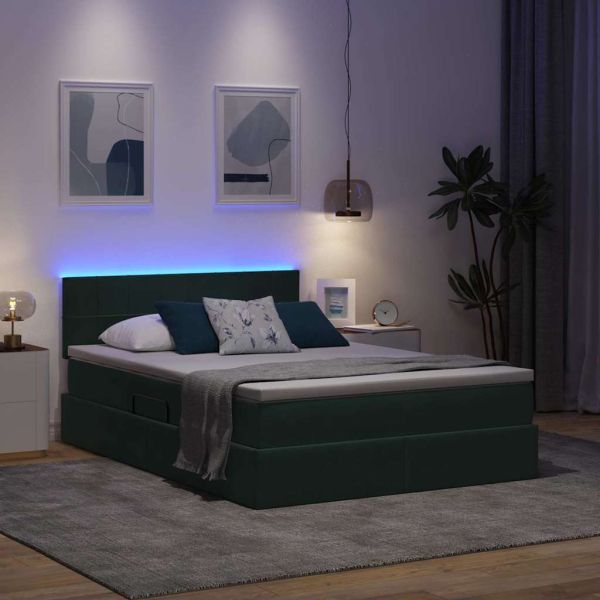 Легло с място за съхранение и LED Тъмен зелен 140 x 190 cm