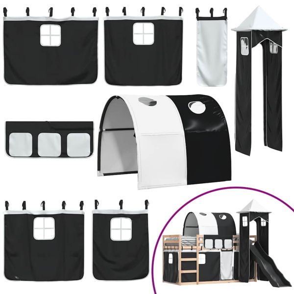 Двуетажно легло с пързалка и завеси, бяло и черно, 90x200 см