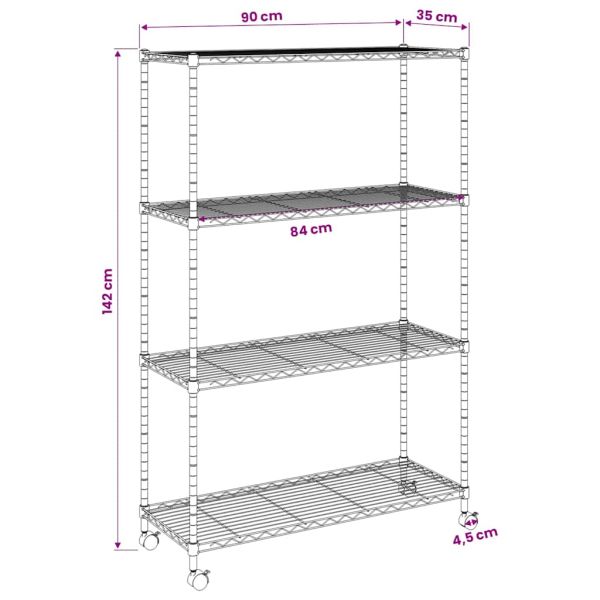 4-етажен стелаж за съхранение с колела 90x35x142 см хром 200 кг