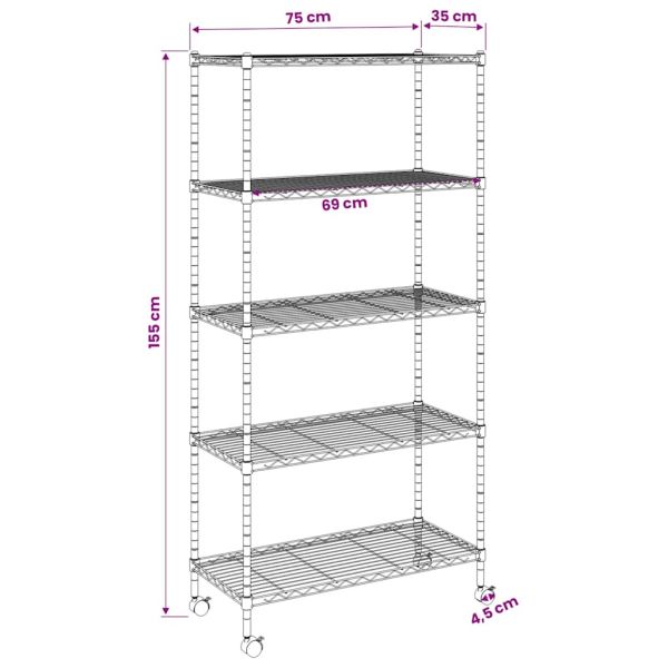 5-етажен стелаж за съхранение с колела 75x35x155 см черен 250кг