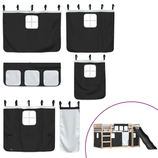 Двуетажно легло с пързалка и завеси, бяло и черно, 90x200 см