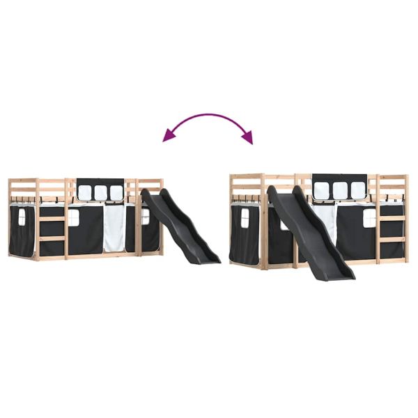 Двуетажно легло с пързалка и завеси, бяло и черно, 90x200 см