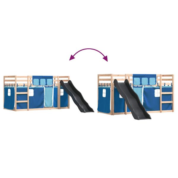 Двуетажно легло с пързалка и завеси, синьо, 90x200 см