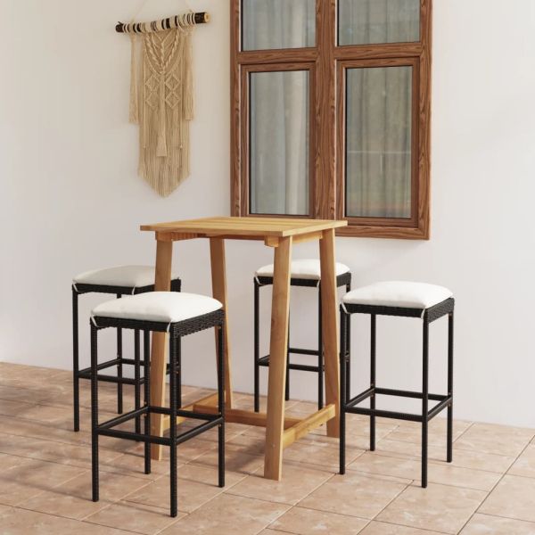 Градински бар комплект с възглавници, 5 части, черен