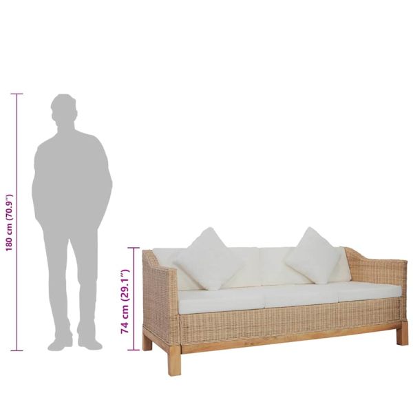 3-местен диван с възглавници, естествен ратан