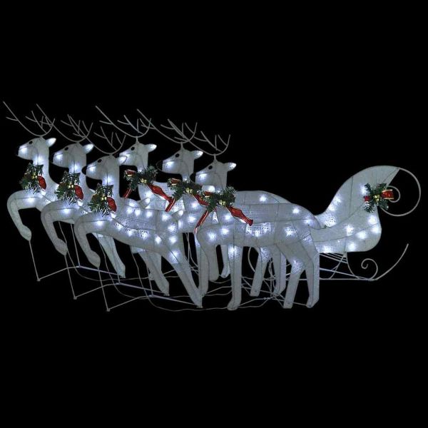 Коледна украса елен и шейна, 140 LED, за открито, бяло