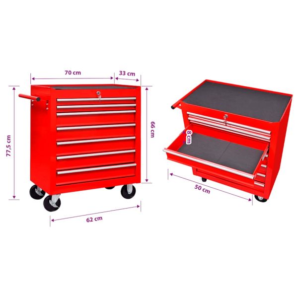 Количка за инструменти със 7 чекмеджета, червена