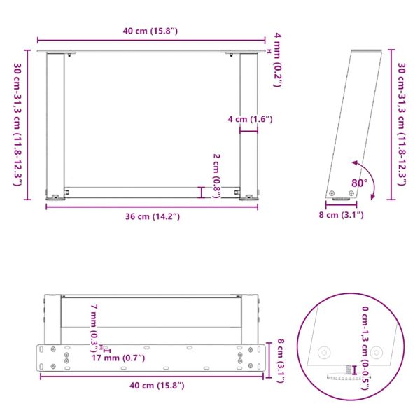 Крака за масичка за кафе, U-образни, 2 бр., черни, 40 x (30-31) см, стомана