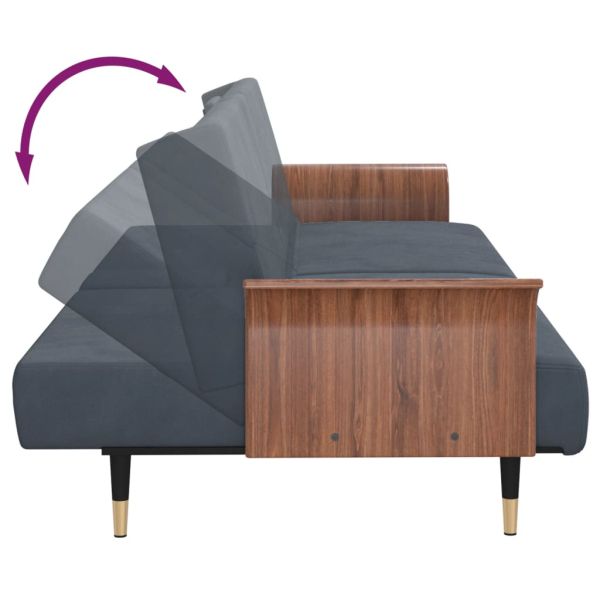 Разтегателен диван с поставки за чаши, тъмносив, кадифе