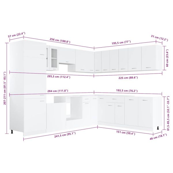 Комплект кухненски шкафове, 14 части, "Lyon", бяло инженерно дърво